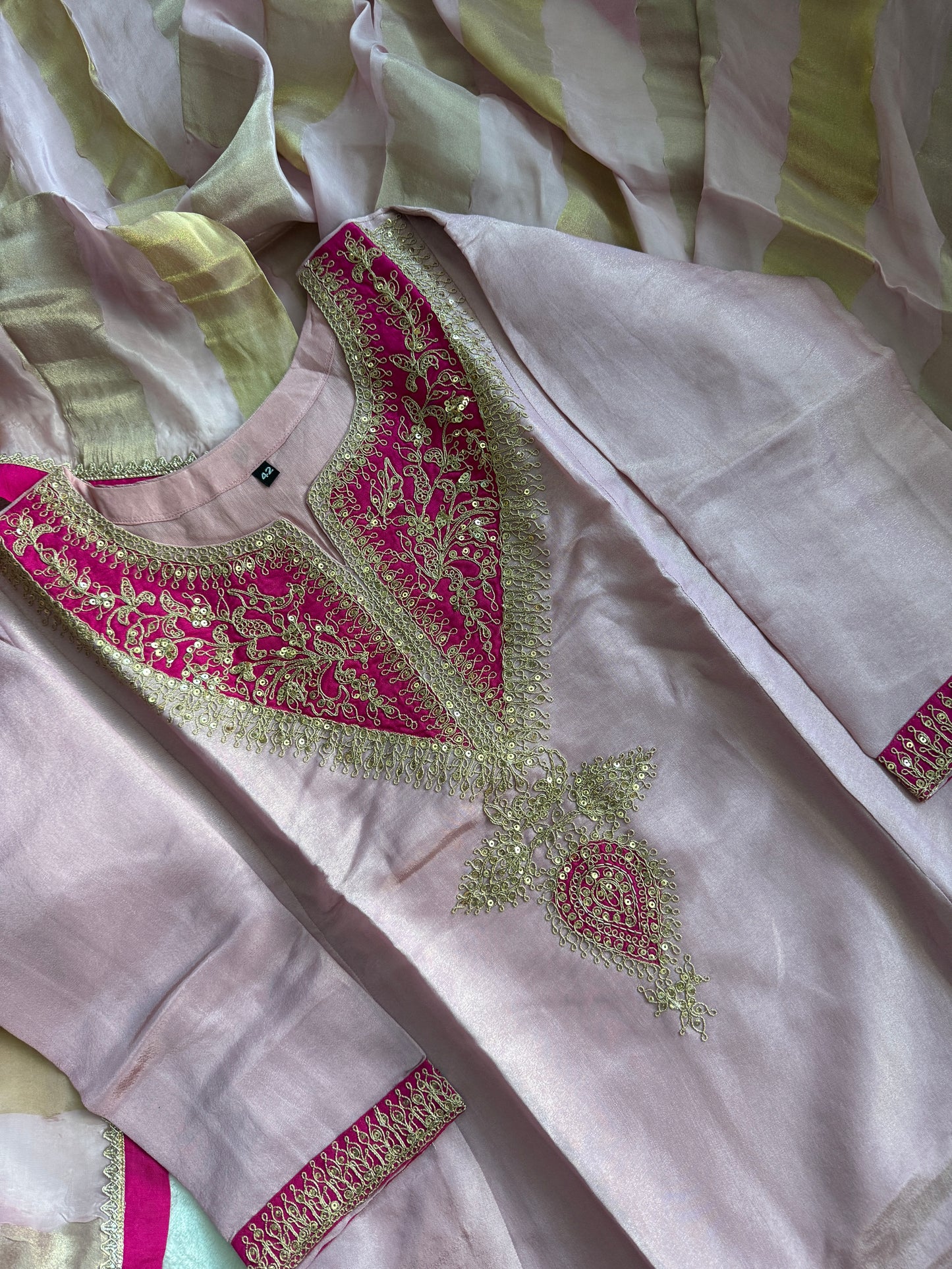 Baby pink tissue A-line kurti set with gorgeous tissue dupatta