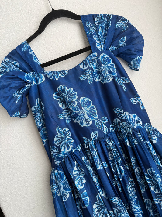 Blue floral chanderi swan sleeve midi dress