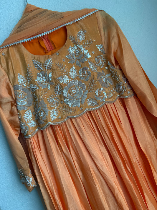 Orange shade uppada silk anarkali set with beautiful yolk detailing