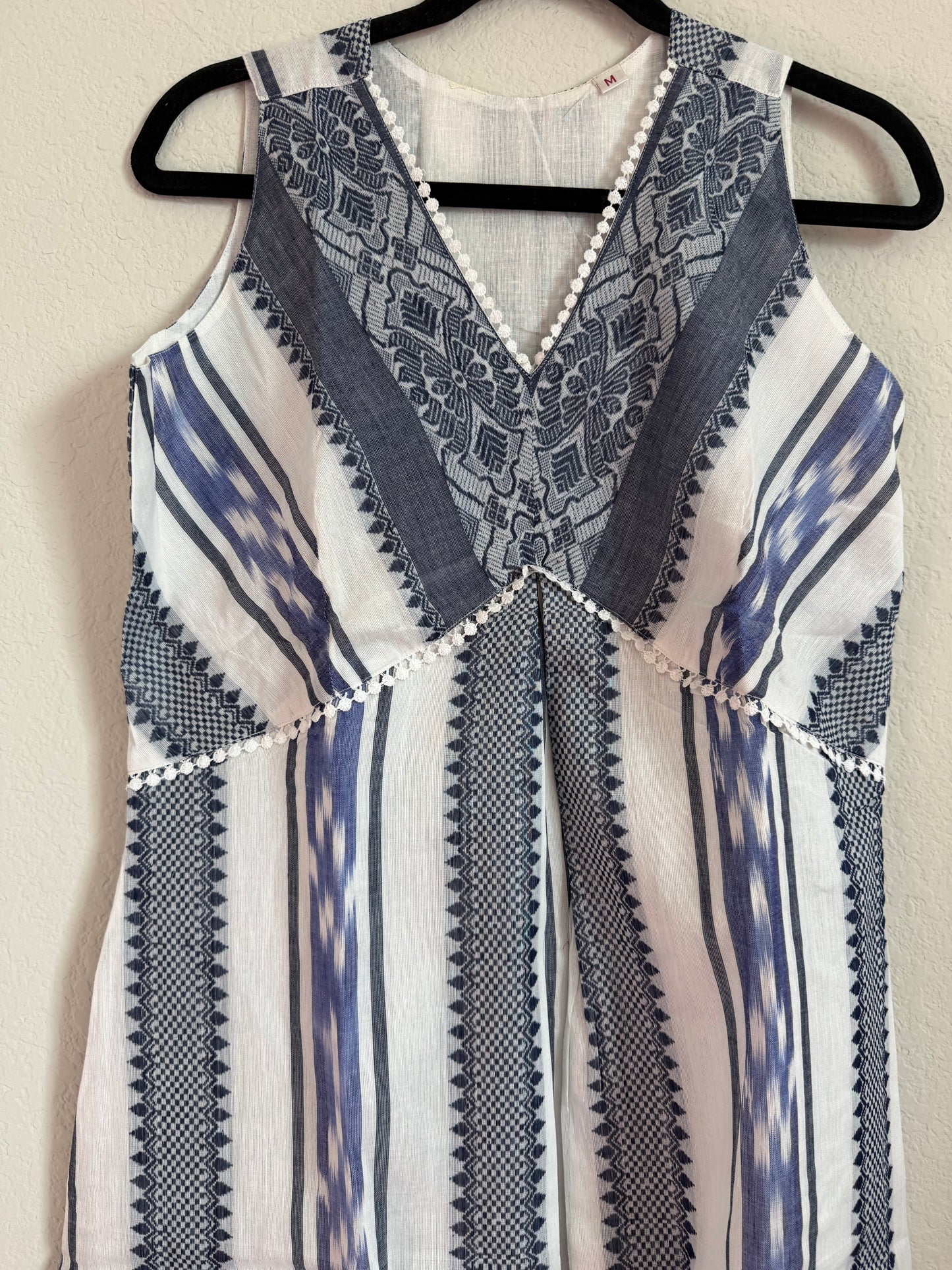 White and Blue Summer Cotton Ikkath Sleeveless Dress - Sleeves available inside