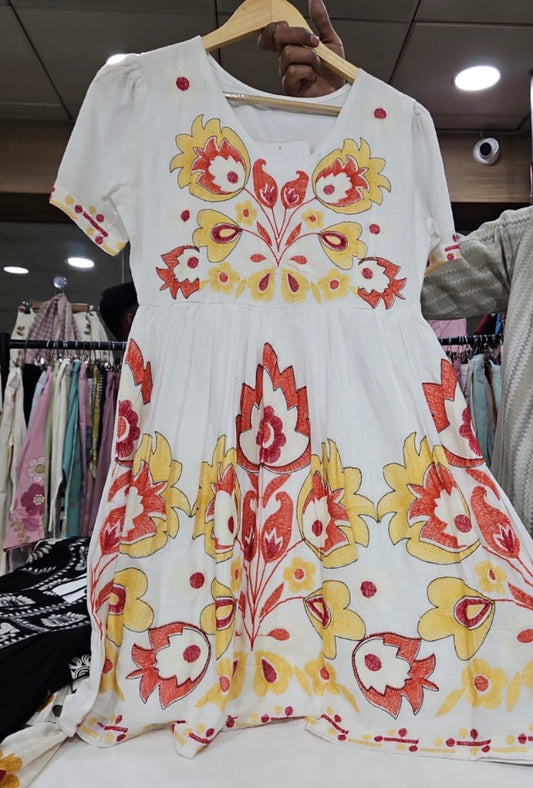 White red and yellow cotton embroidery short dress