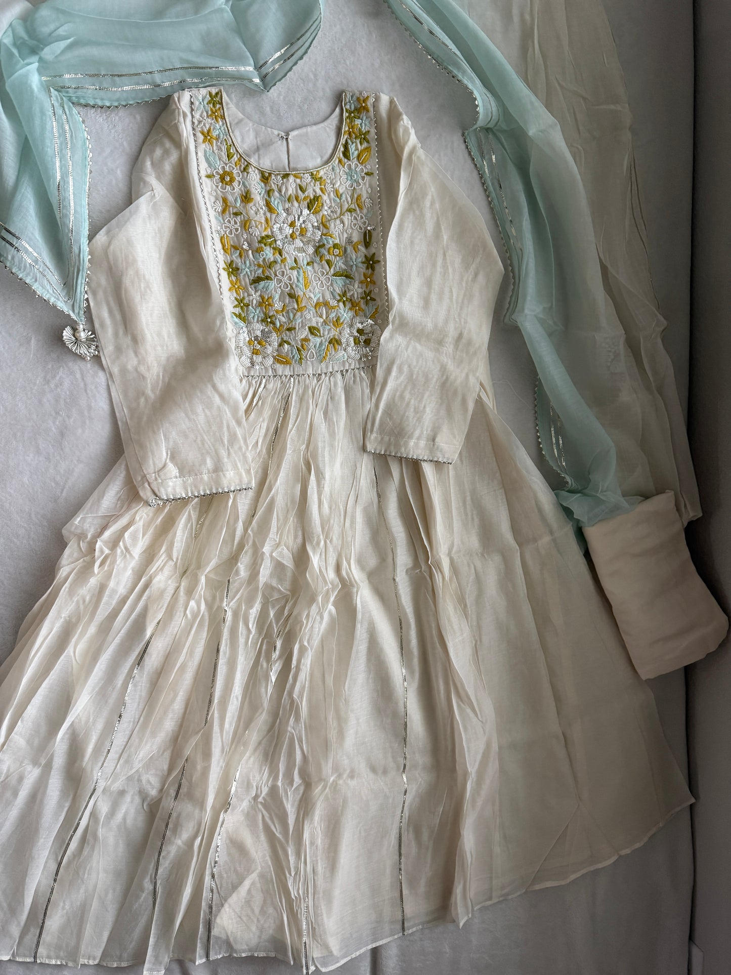 Ivory Mul Chanderi Anarkali Kurti Set – Elegant & Lightweight Festive Wear