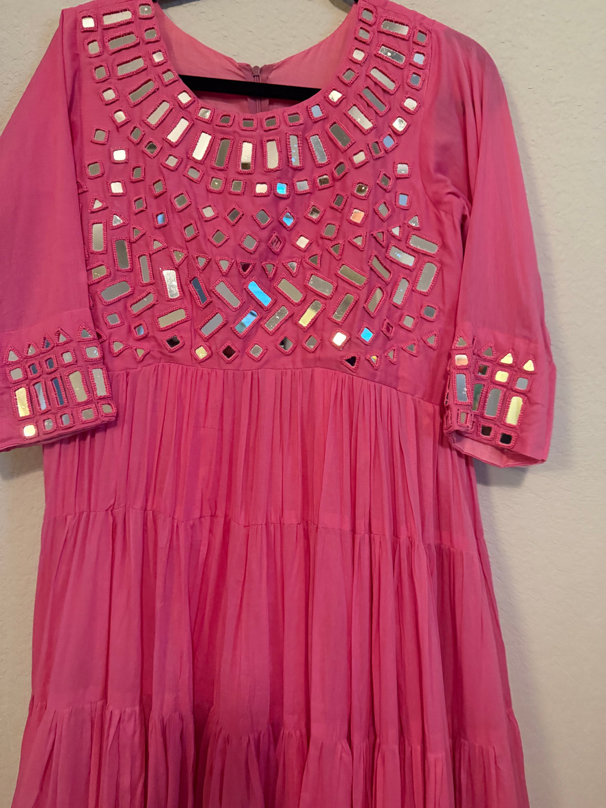 Pink Mirror Work Heavy Flared Anarkali Long Dress