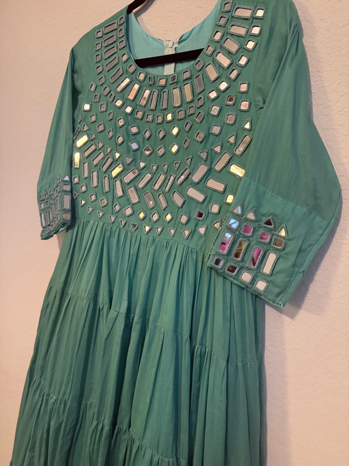 Teal Mirror Work Heavy Flared Anarkali Long Dress