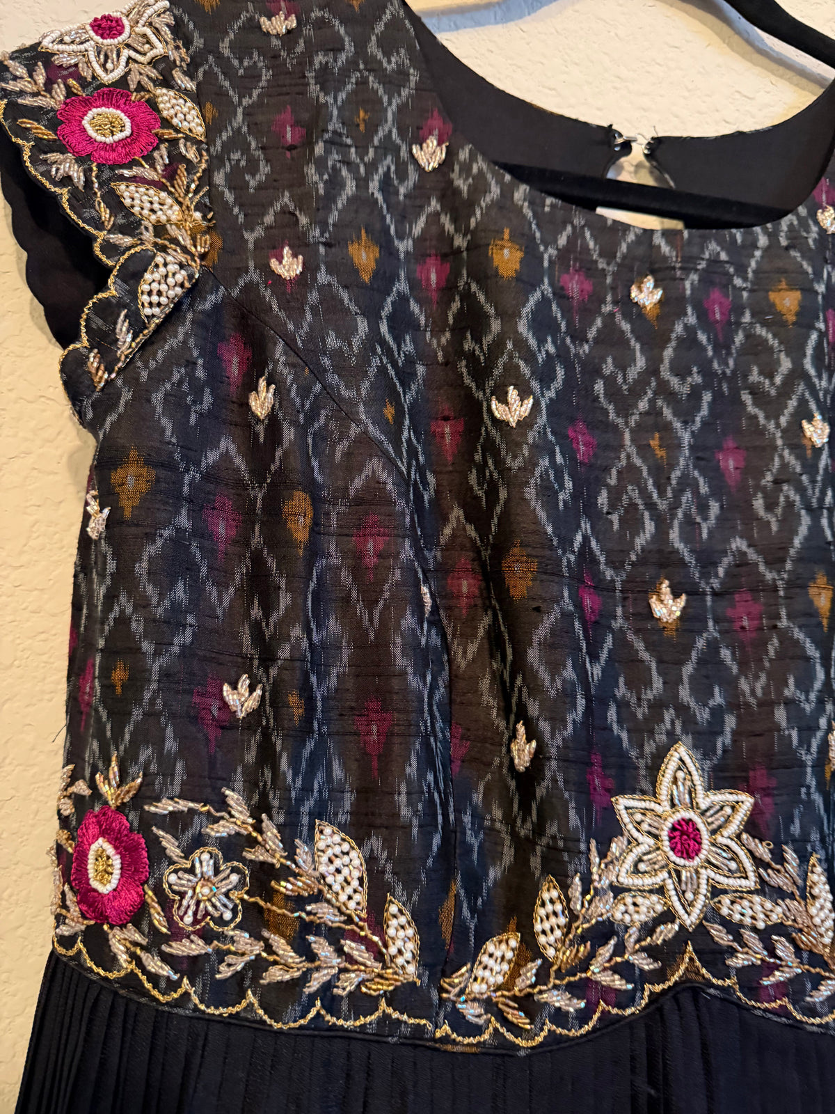 Black Raw Silk Ikkath Maggam Work Designer Long Dress with Short Sleeve