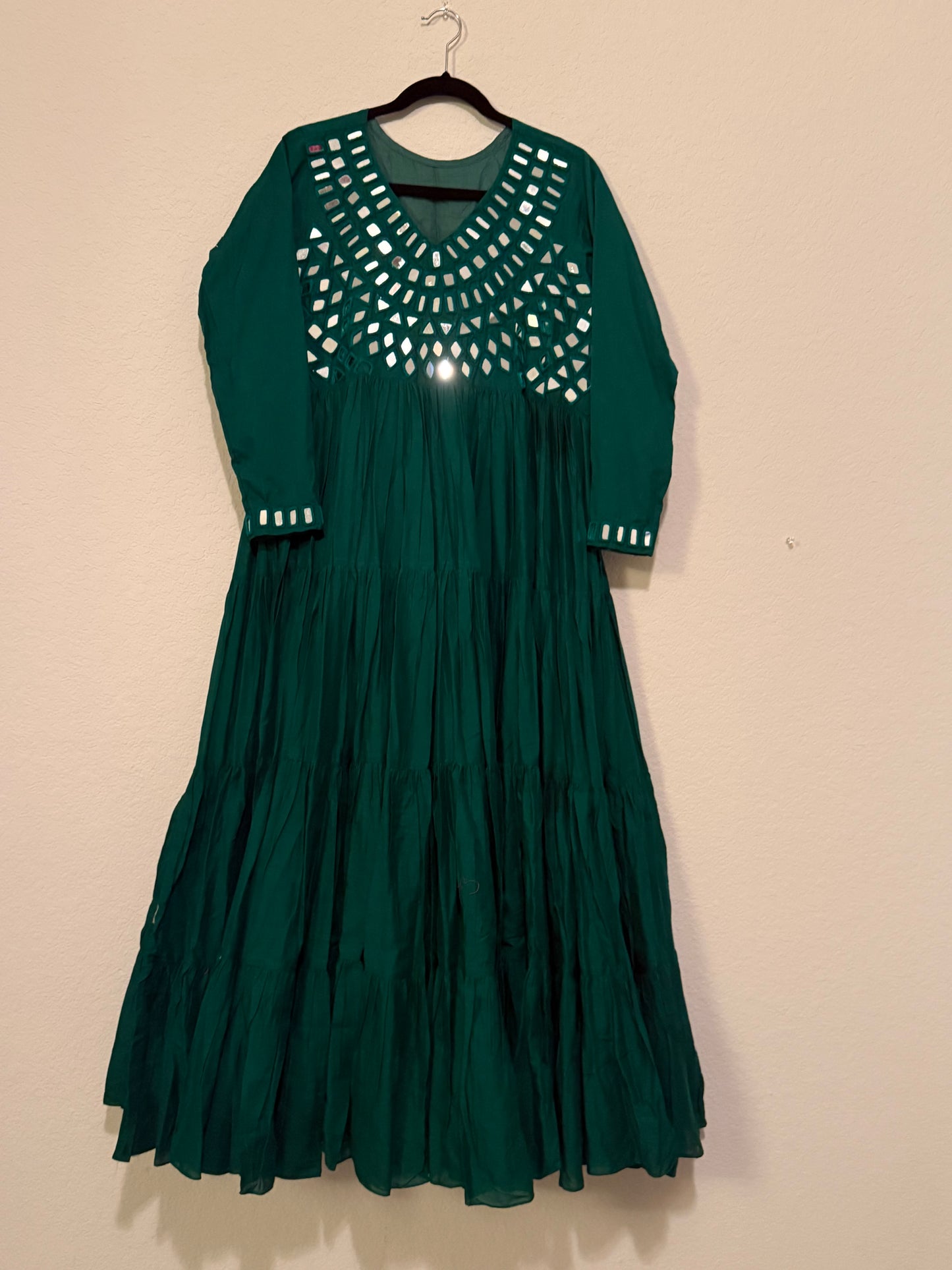Green Handwork Mirror Work Heavy Flared Anarkali Long Dress