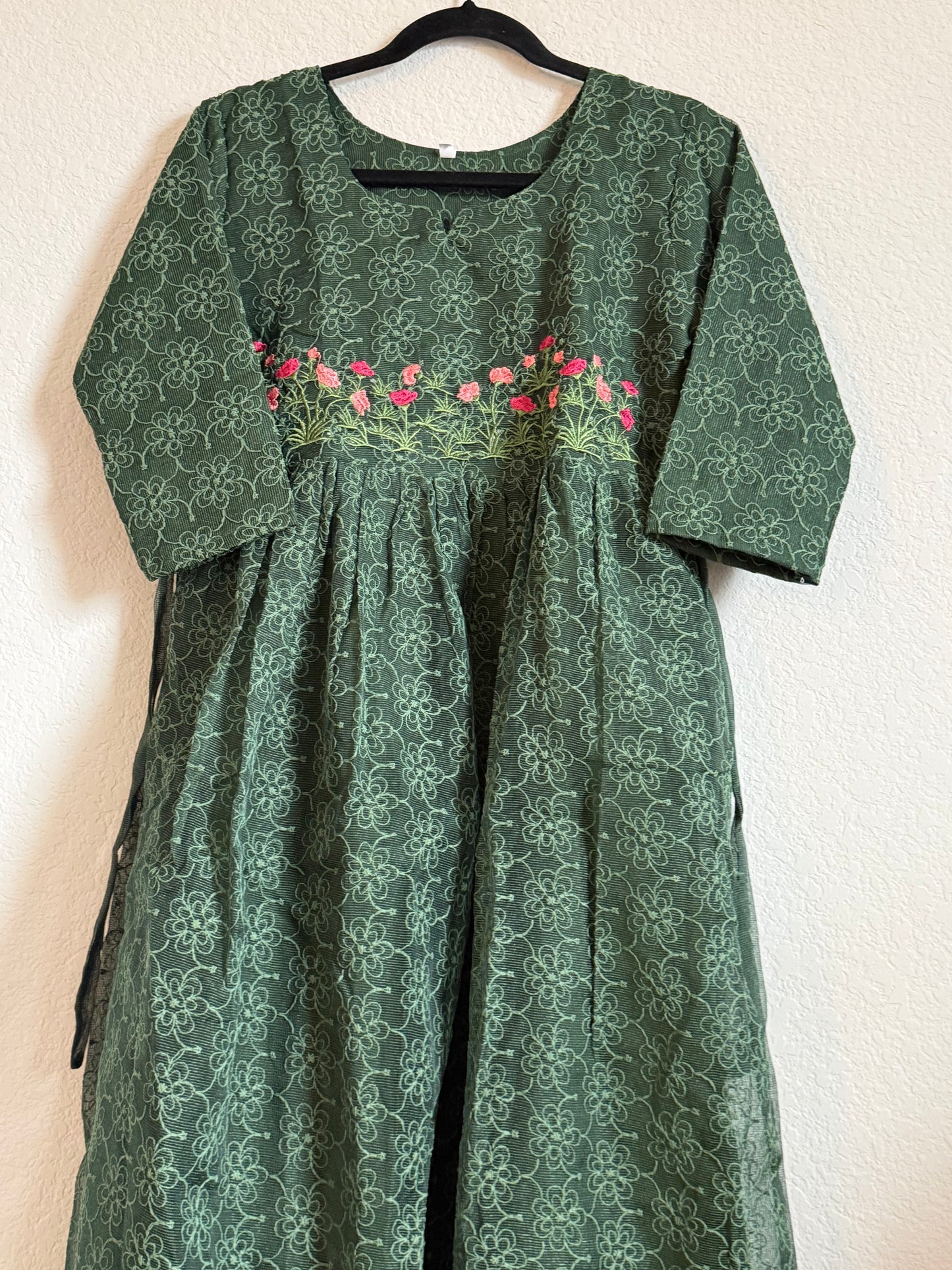 Bottle Green Net Kota Embroidered Frock