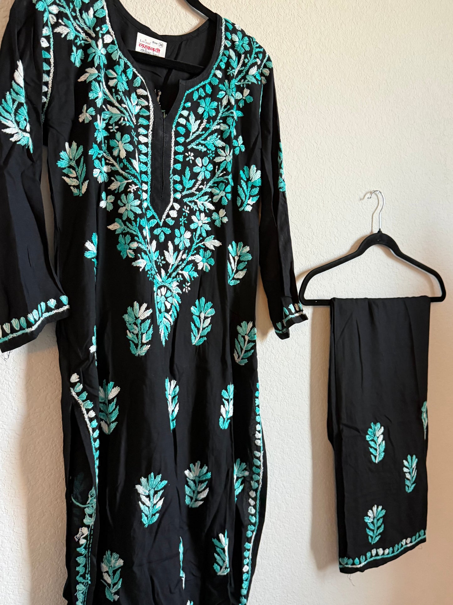 Black with Blue Rayon Chikankari Coord Set - Top with Palazzo