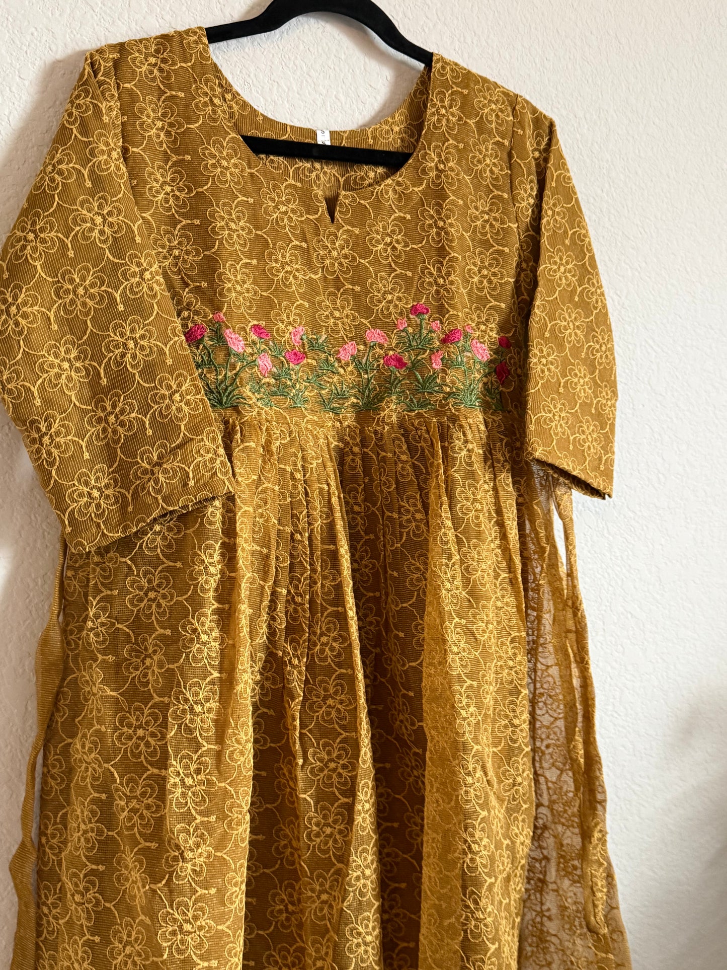 Mustard Yellow Net Kota Embroidered Frock