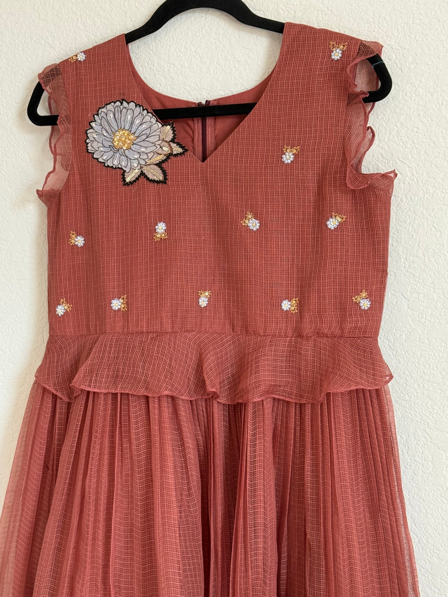 Brown Kota Applique Maggam Work Dress