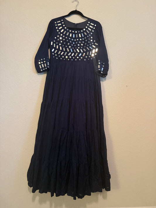 Navy Blue Mirror Work Heavy Flared Anarkali Long Dress