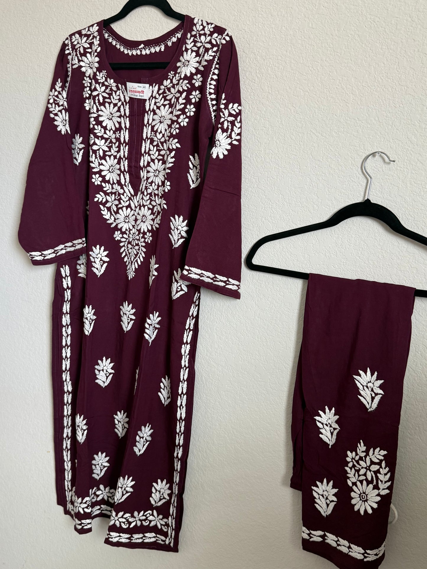 Wine Rayon Chikankari Coord Set - Top with Palazzo