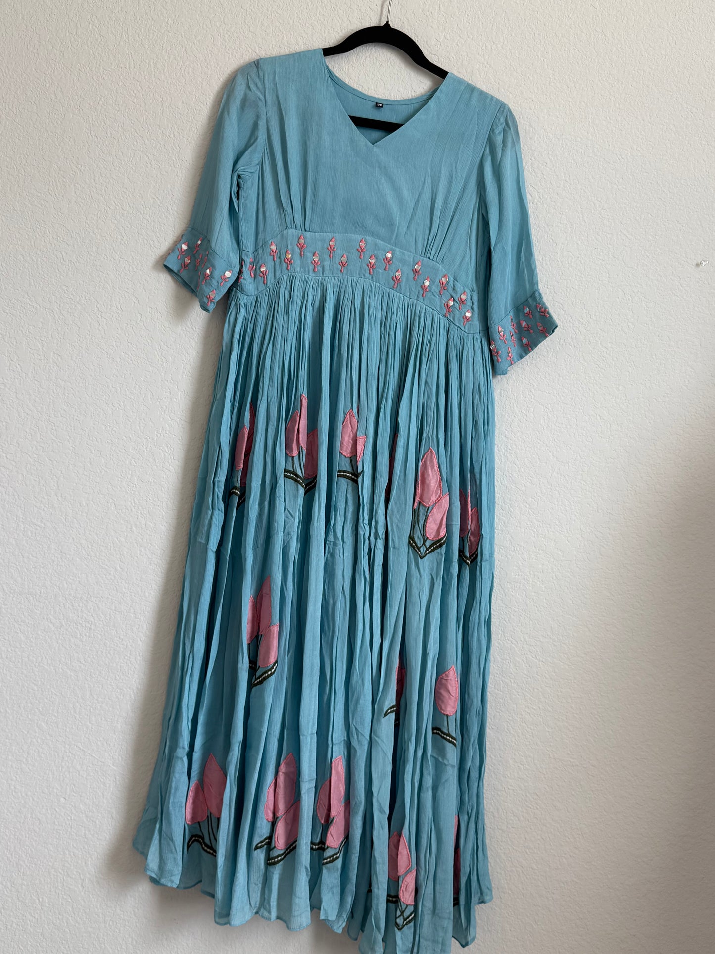 Powder Blue Mirror Work Chinnon Applique Tulips Tunic