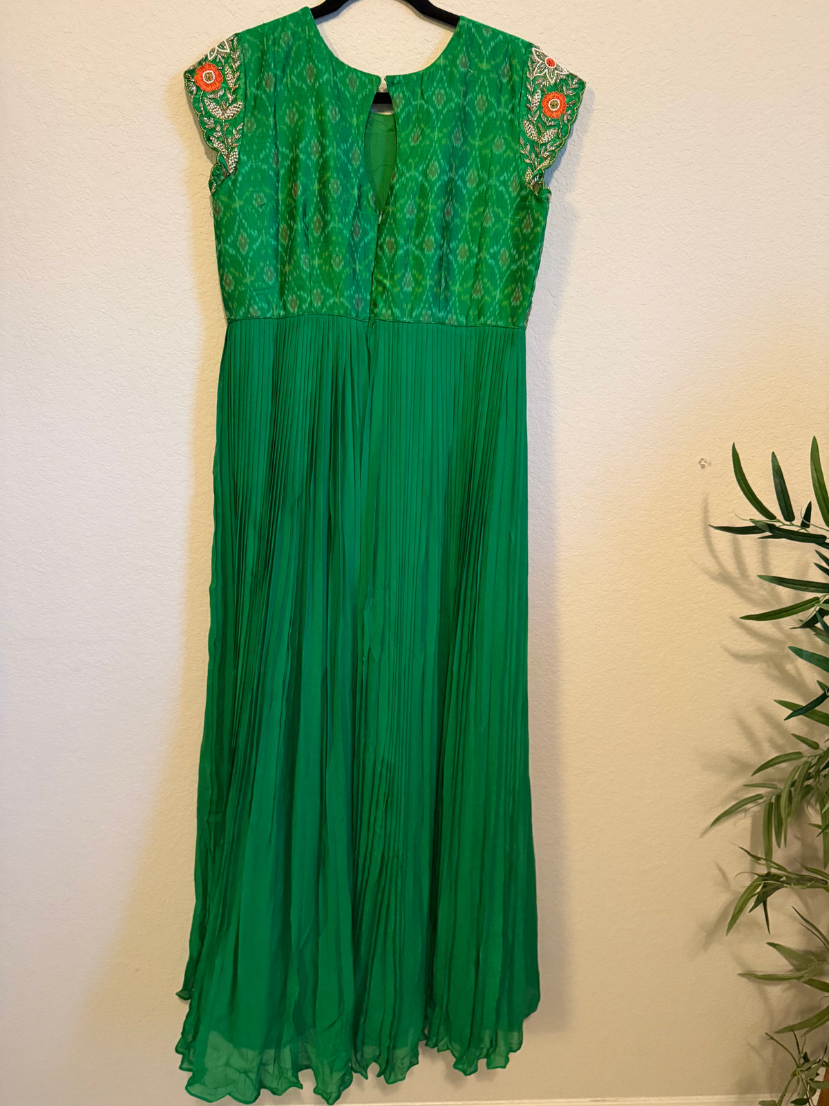 Green Raw Silk Ikkath Maggam Work Designer Long Dress with Short Sleeve
