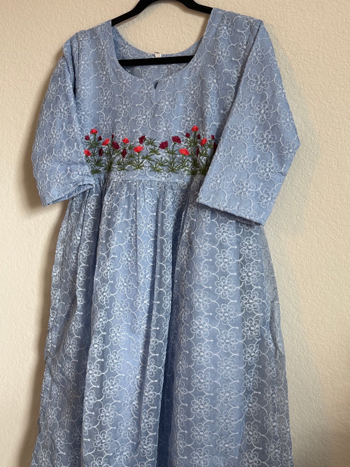 Powder Blue Net Kota Embroidered Frock