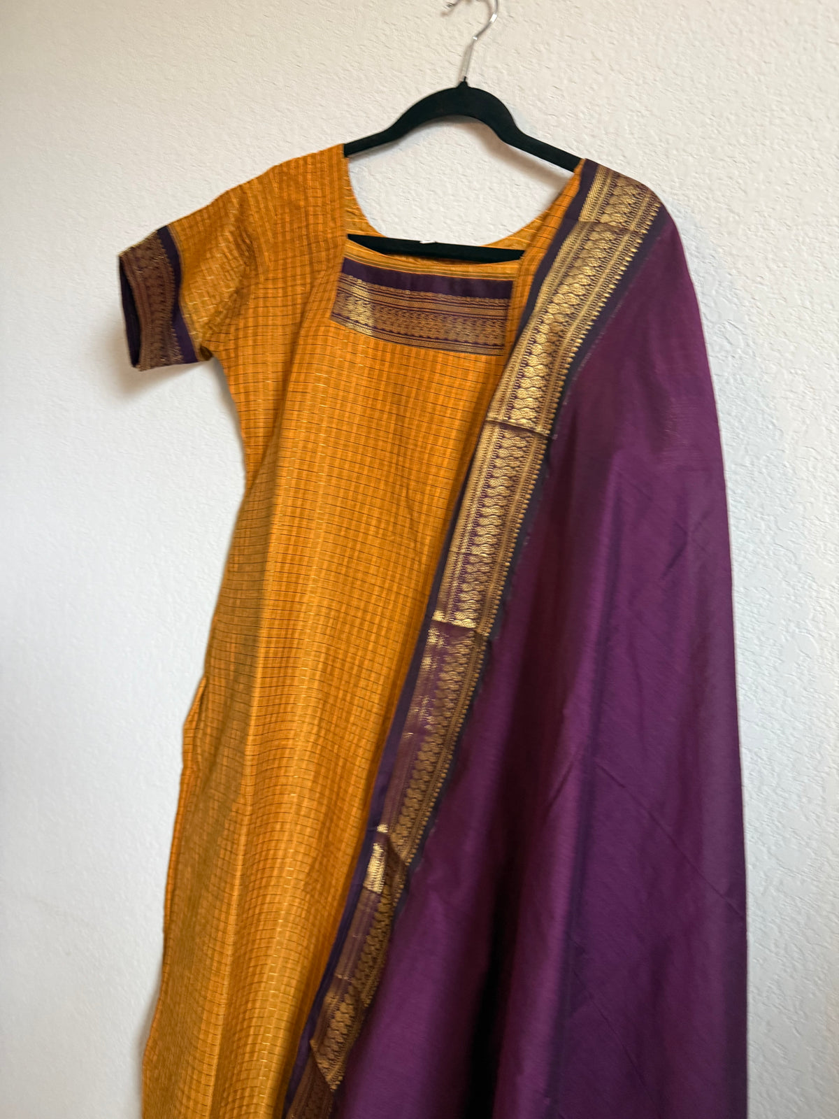 Yellow with Purple Handloom Checks Top and Dupatta Set