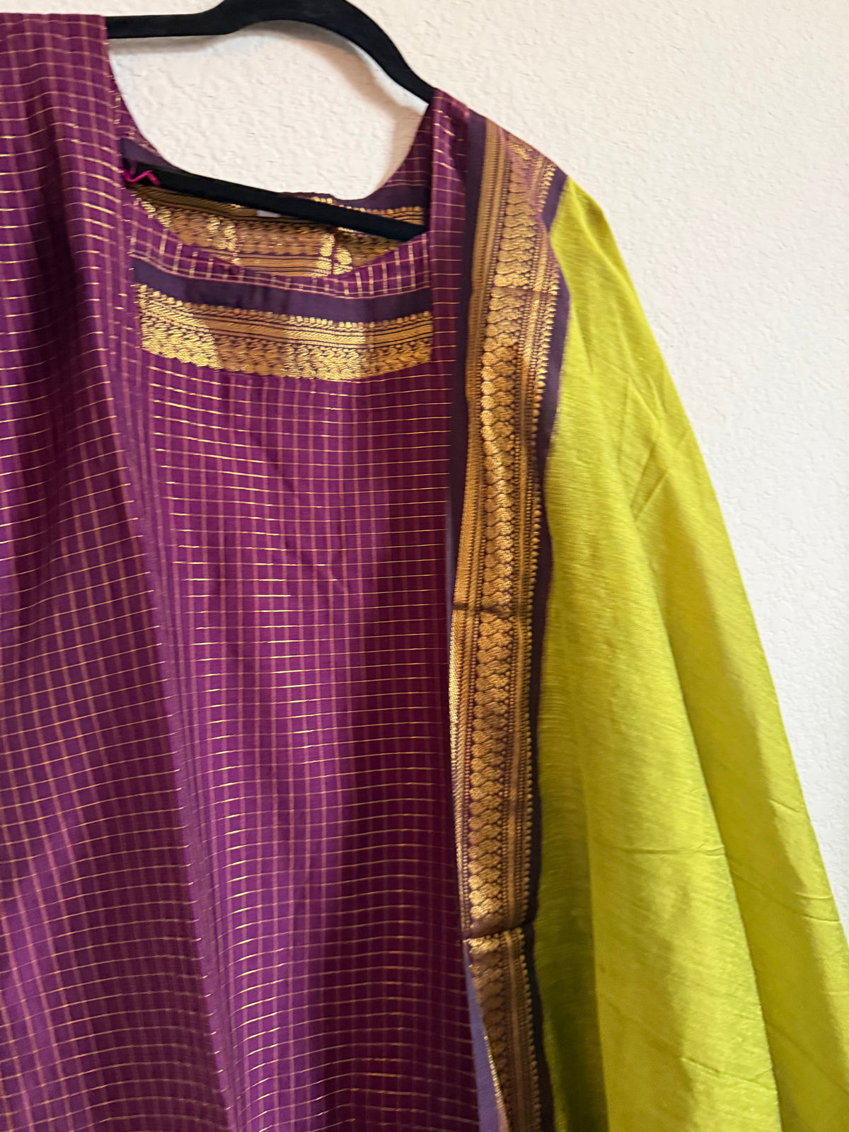 Magenta with Parrot Green Handloom Checks Top and Dupatta Set