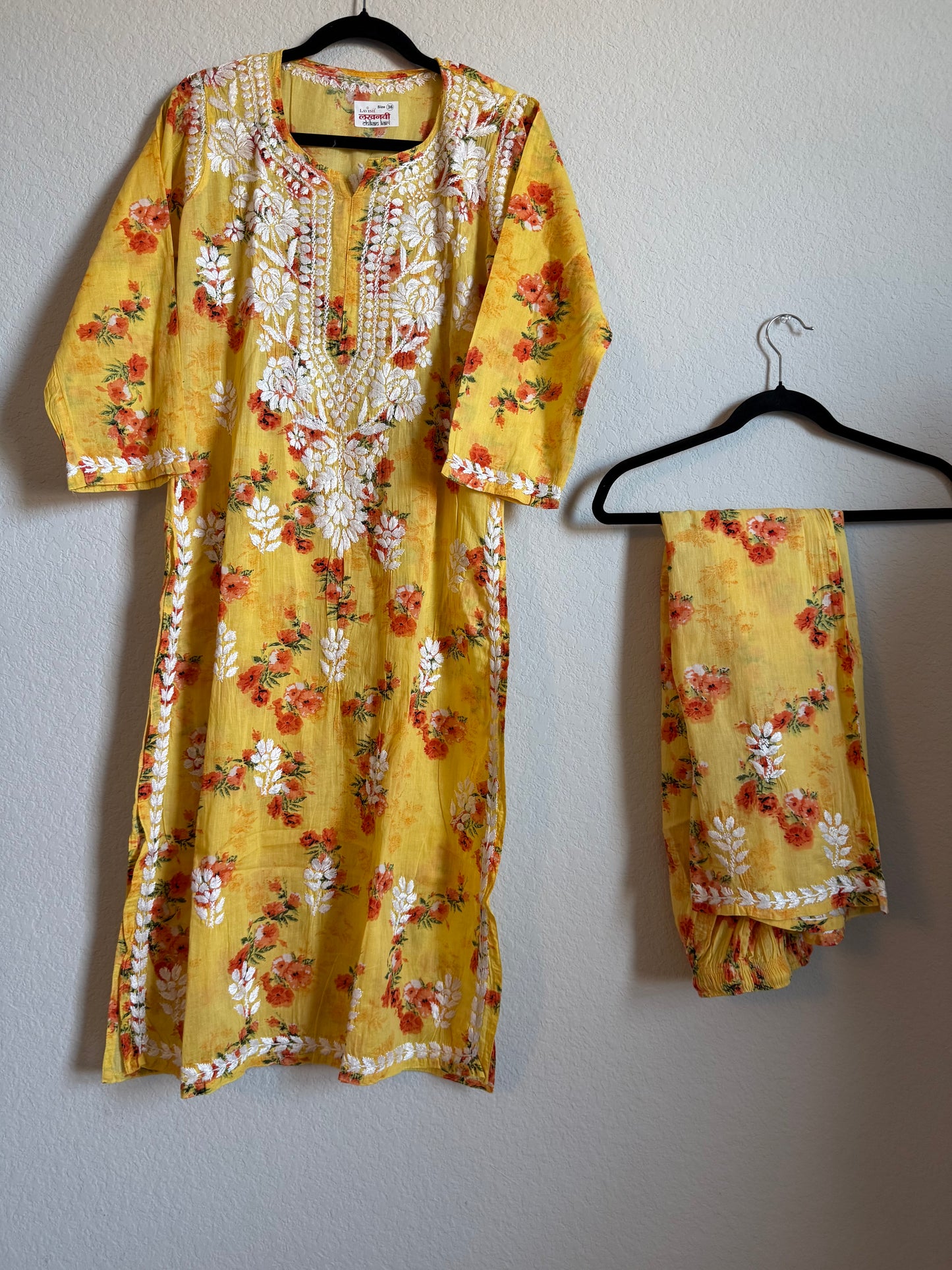Yellow Floral Printed Cotton Chikankari Coord Set - Top with Palazzo
