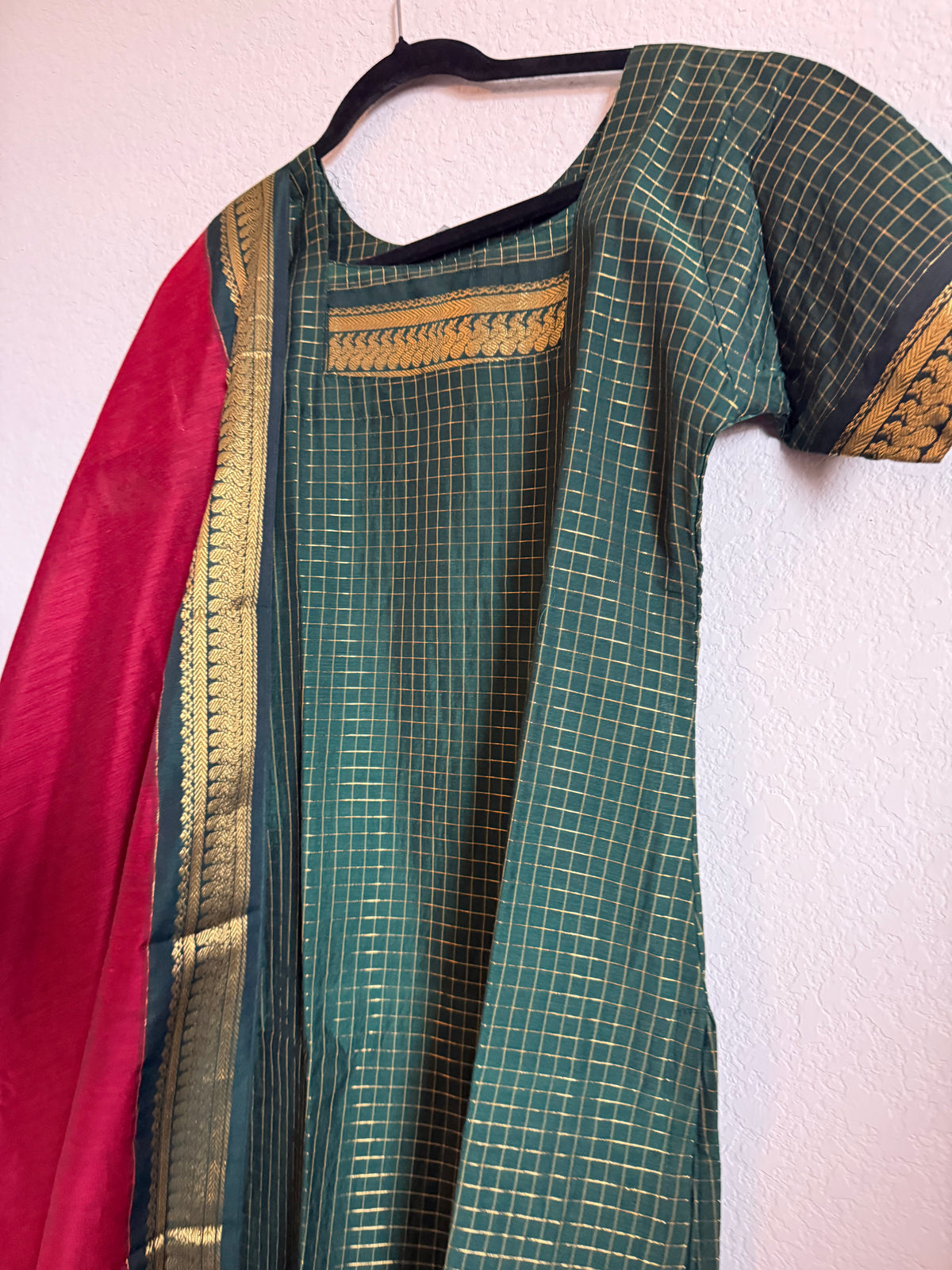Green with Maroon Handloom Checks Top and Dupatta Set