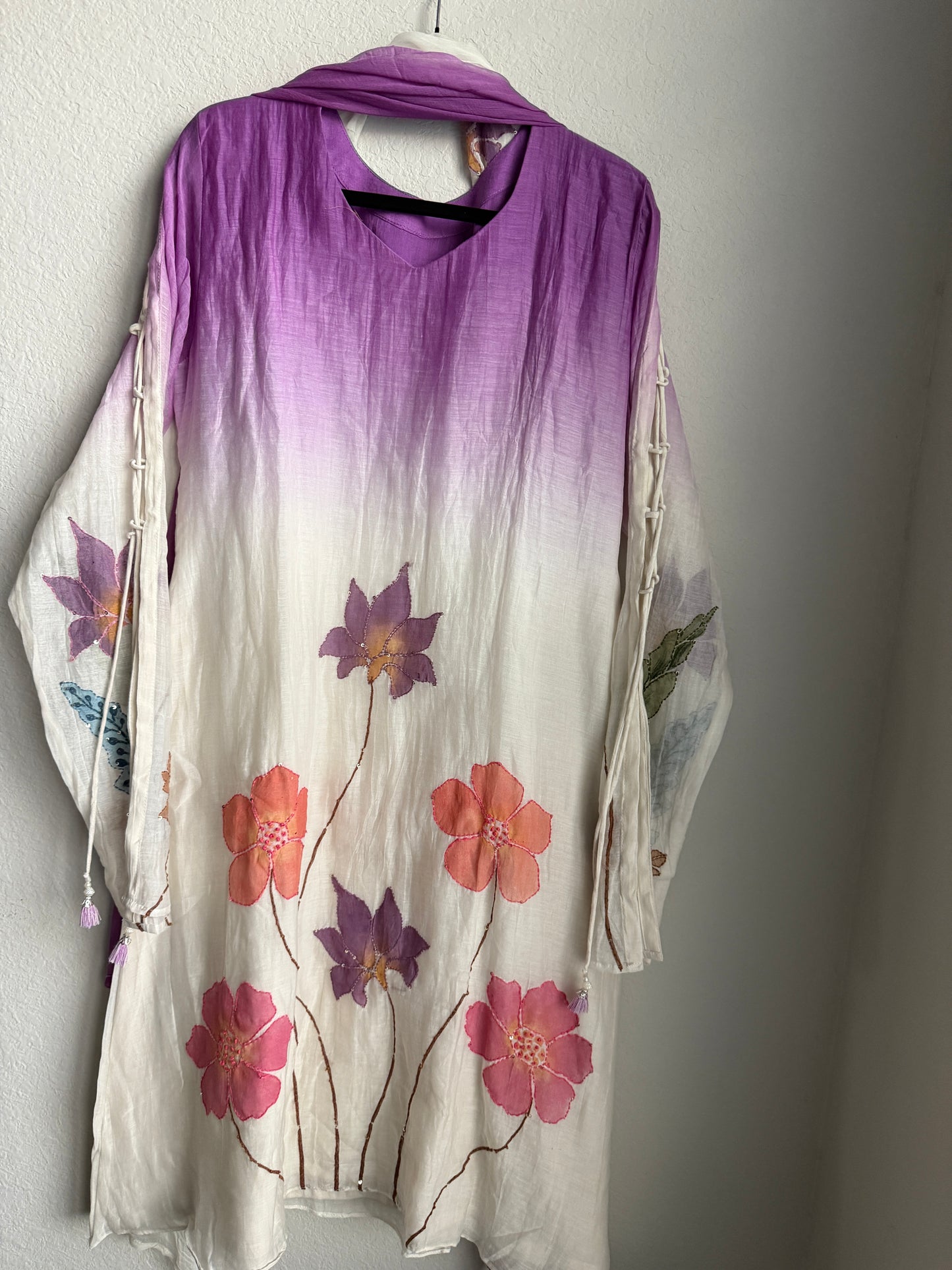 Lavender Mul Chanderi A-Line Kurti Set with Applique Work – Festive Indian Designer Outfit