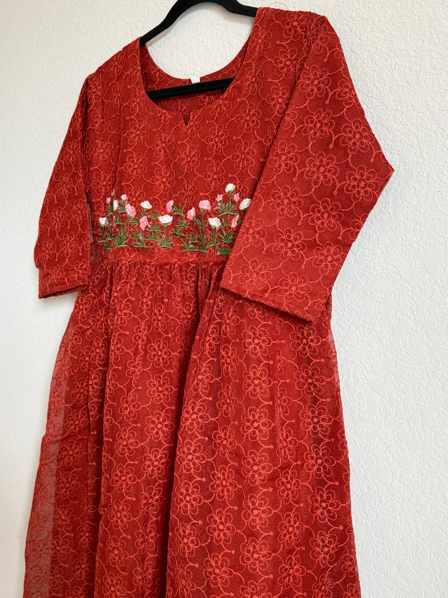 Rust Orange Net Kota Embroidered Frock