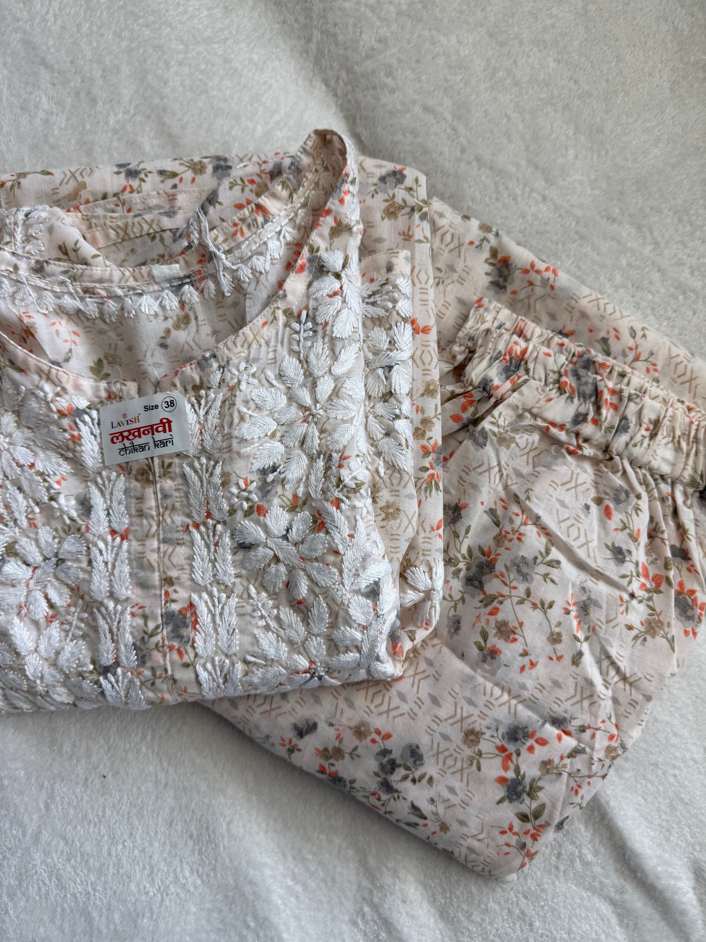 Orange Floral Printed Cotton Chikankari Coord Set - Top with Palazzo