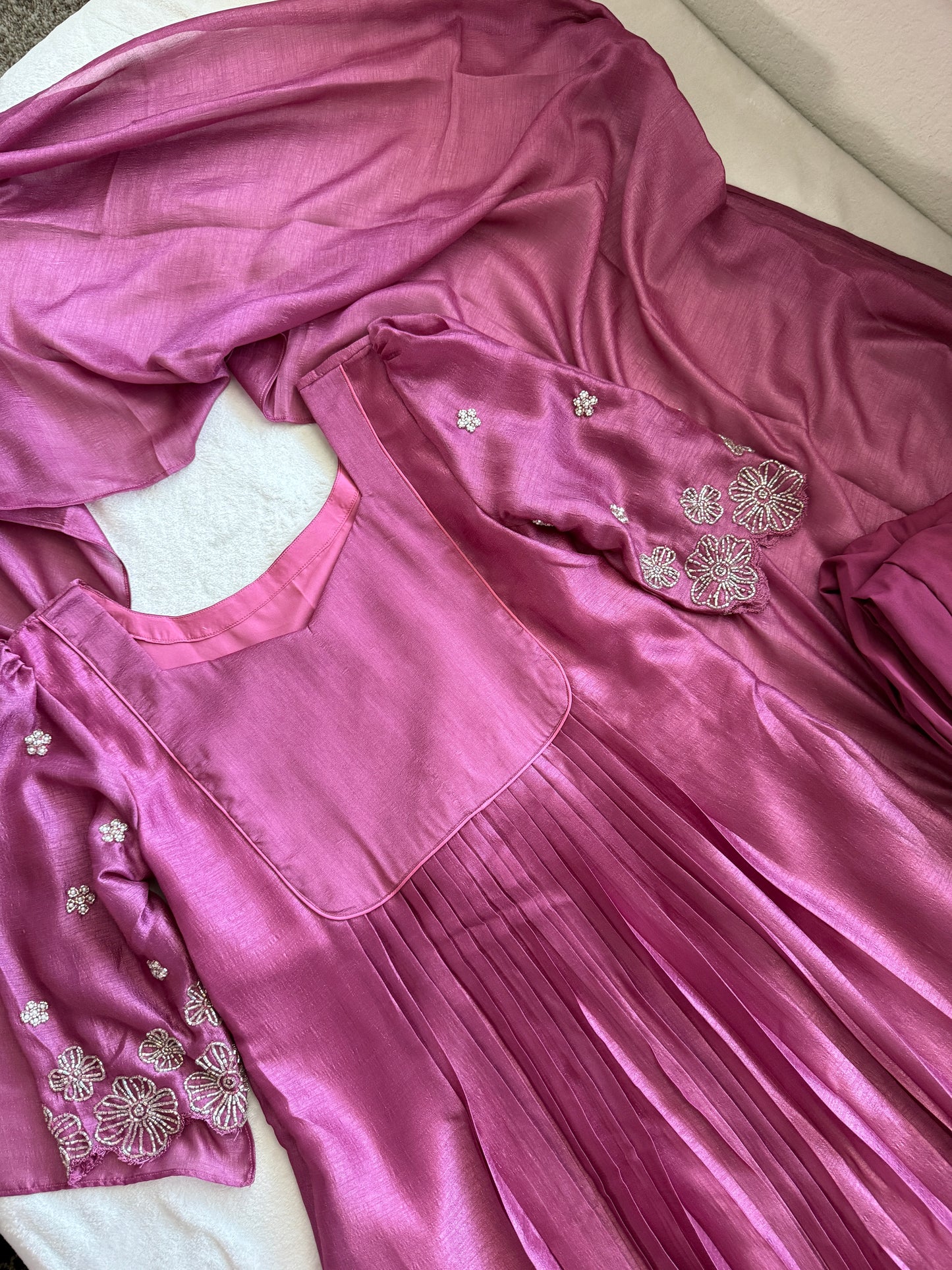 Magenta shade blooming silk handwork pleated anarkali set