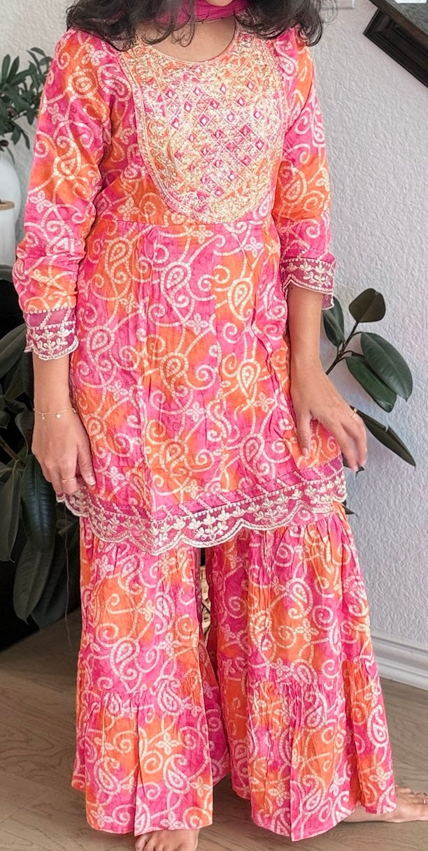 Pink and orange bandhini sharara set