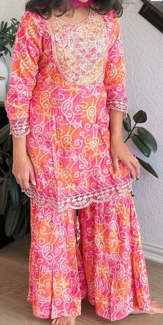 Pink and orange bandhini sharara set