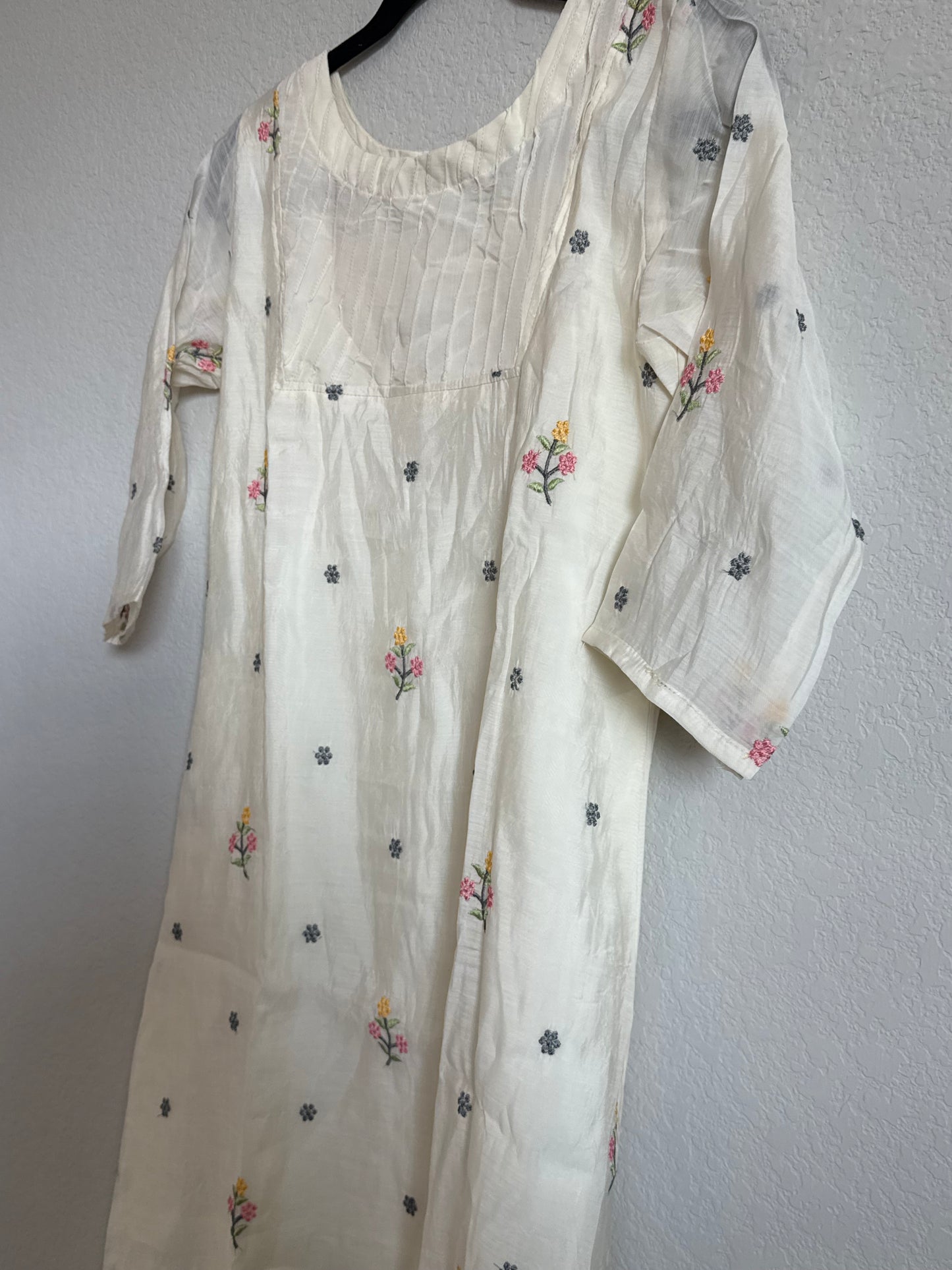 Half White Floral Embroidered Mul Chanderi A-line Kurti