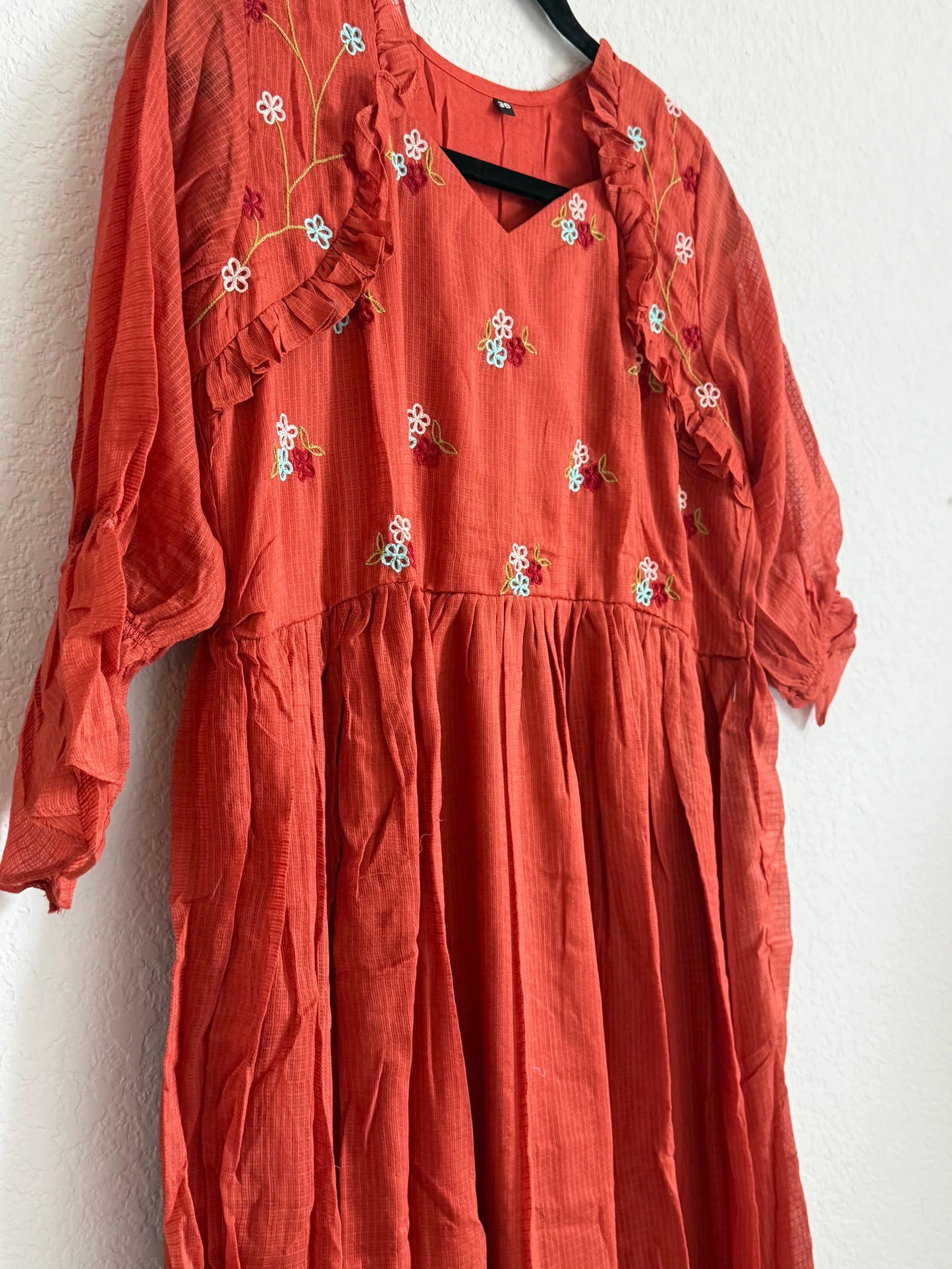 Rust Orange Floral Kota Frock