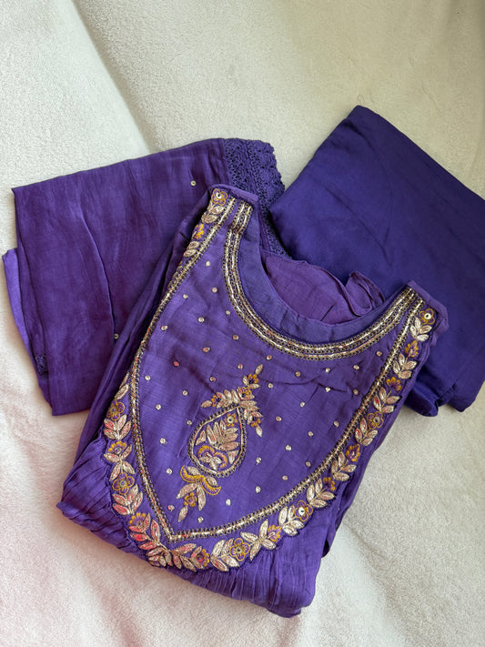 Purple mul chanderi designer A-line kurti set