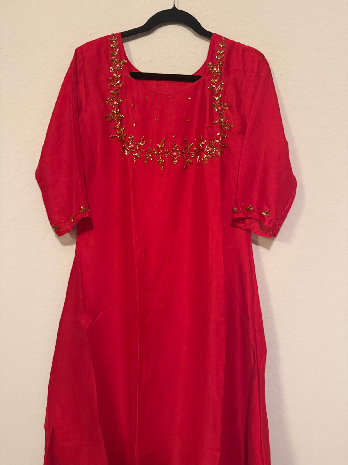 Red Vichitra Silk A-line Handwork Festive Kurti