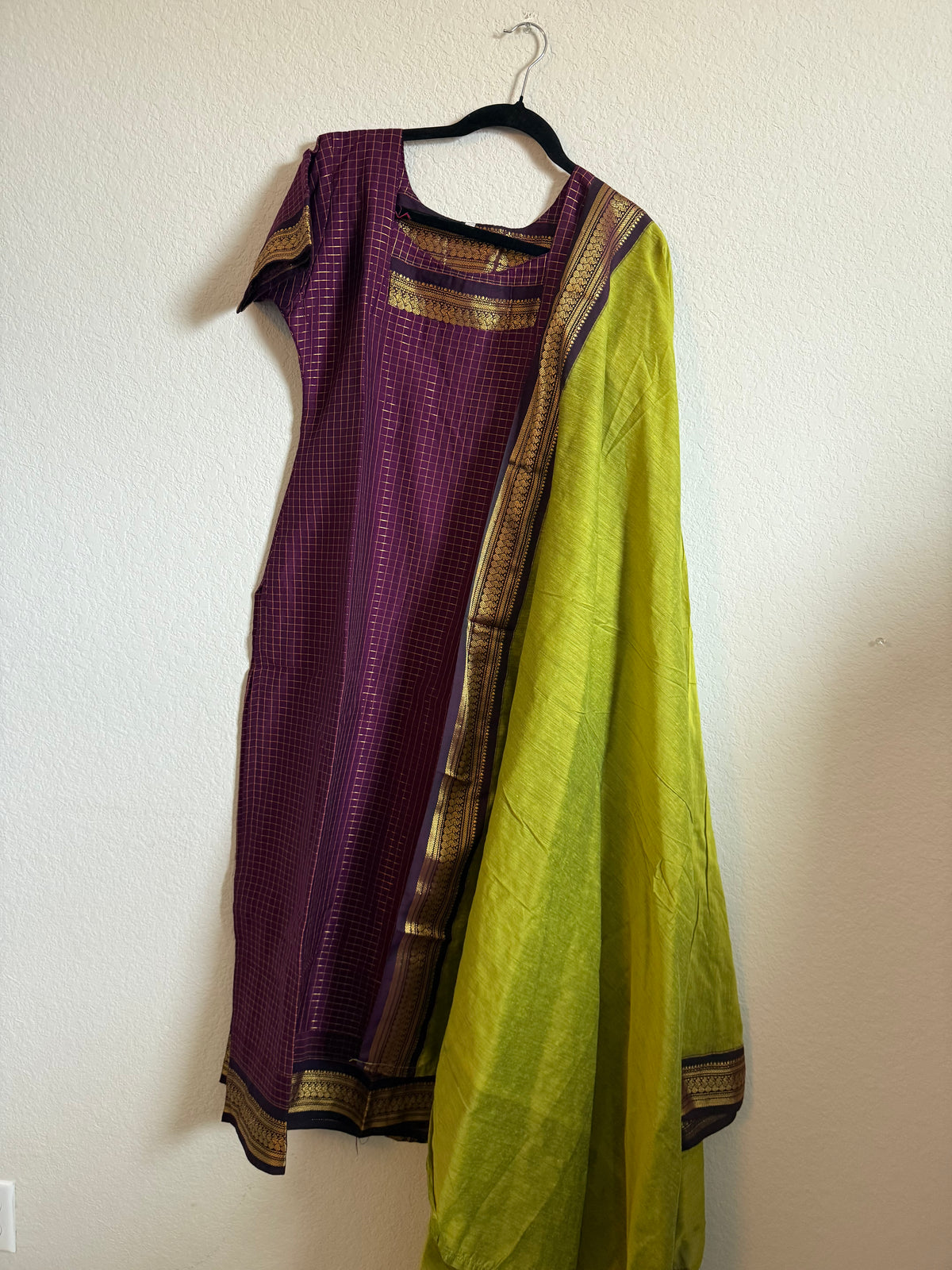 Magenta with Parrot Green Handloom Checks Top and Dupatta Set