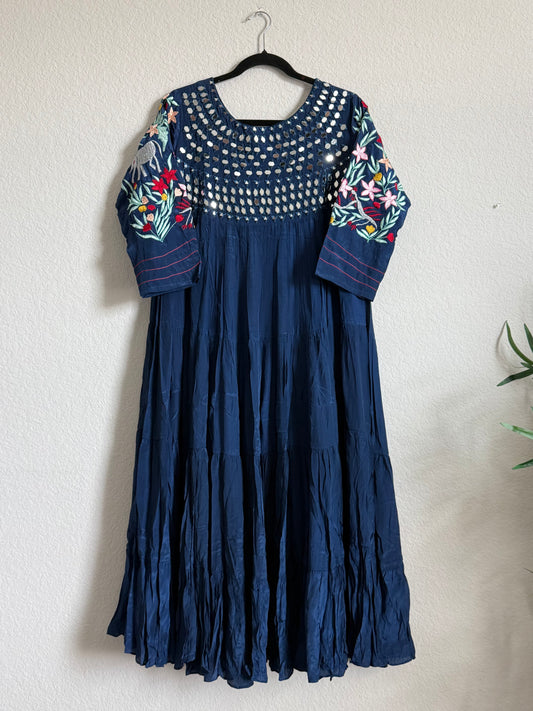 Navy Blue Heavy mirror work chinnon embroidered gown