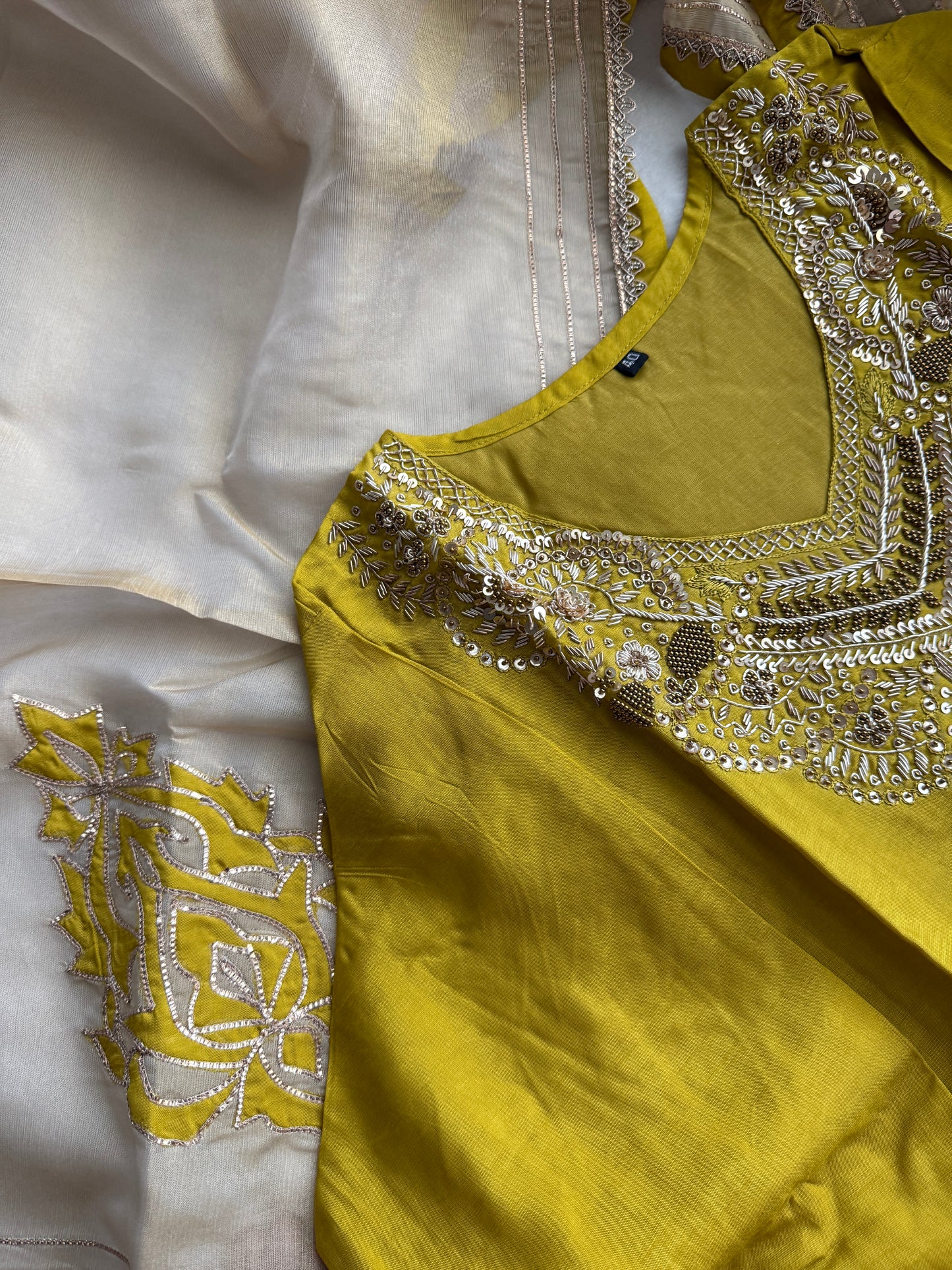 Mehendi green designer handwork straight cut partywear suit set