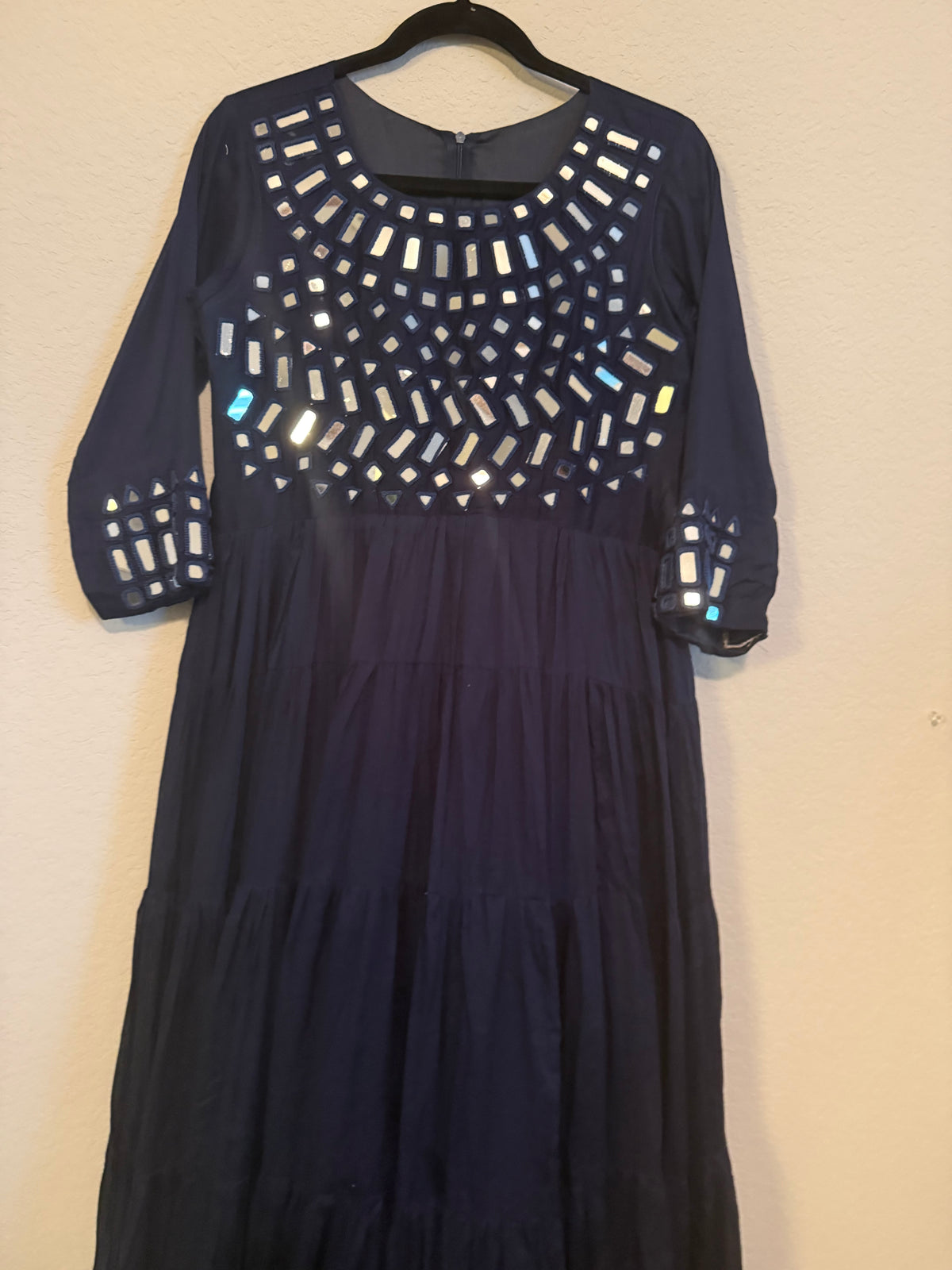 Navy Blue Mirror Work Heavy Flared Anarkali Long Dress