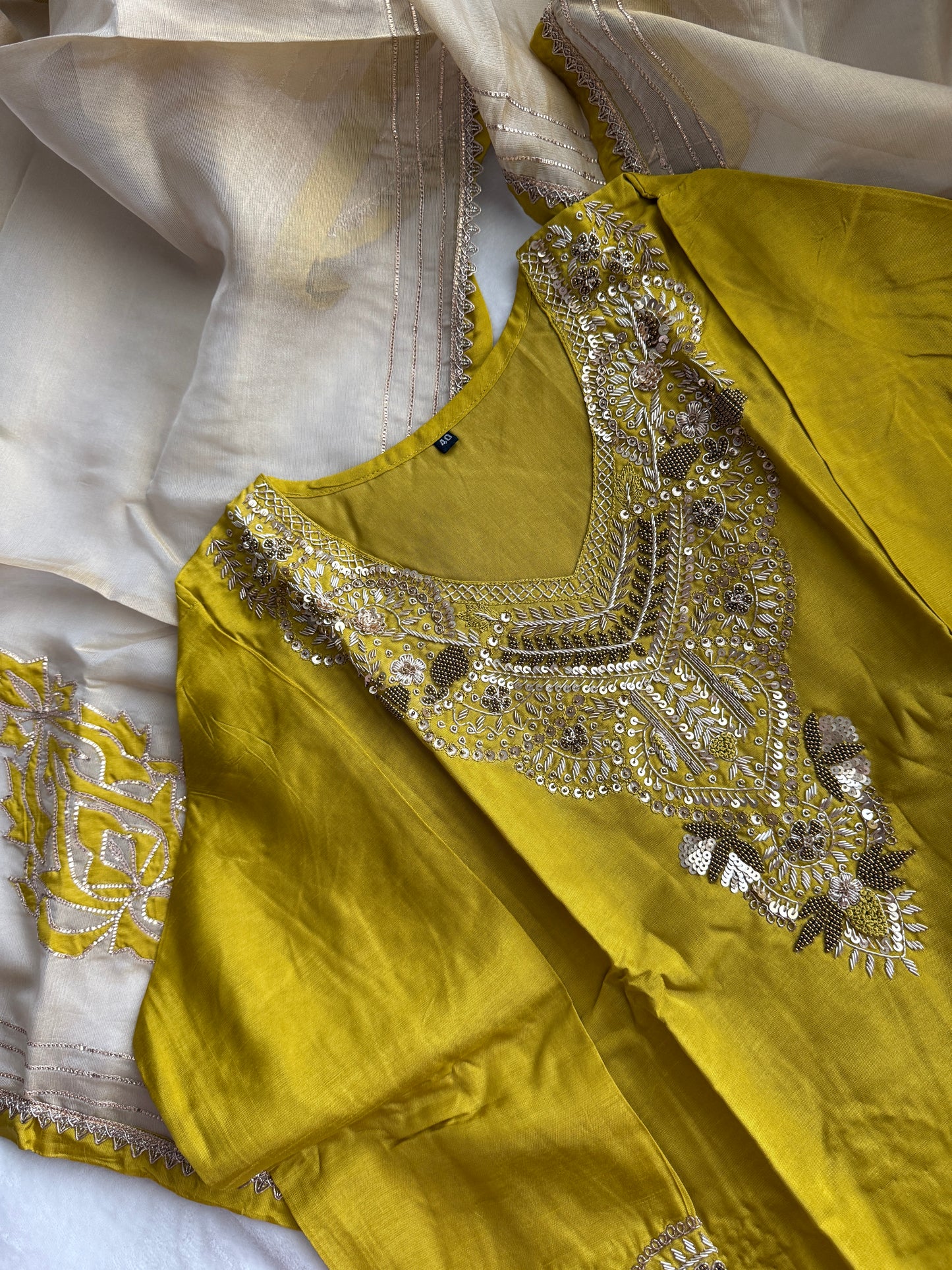 Mehendi green designer handwork straight cut partywear suit set