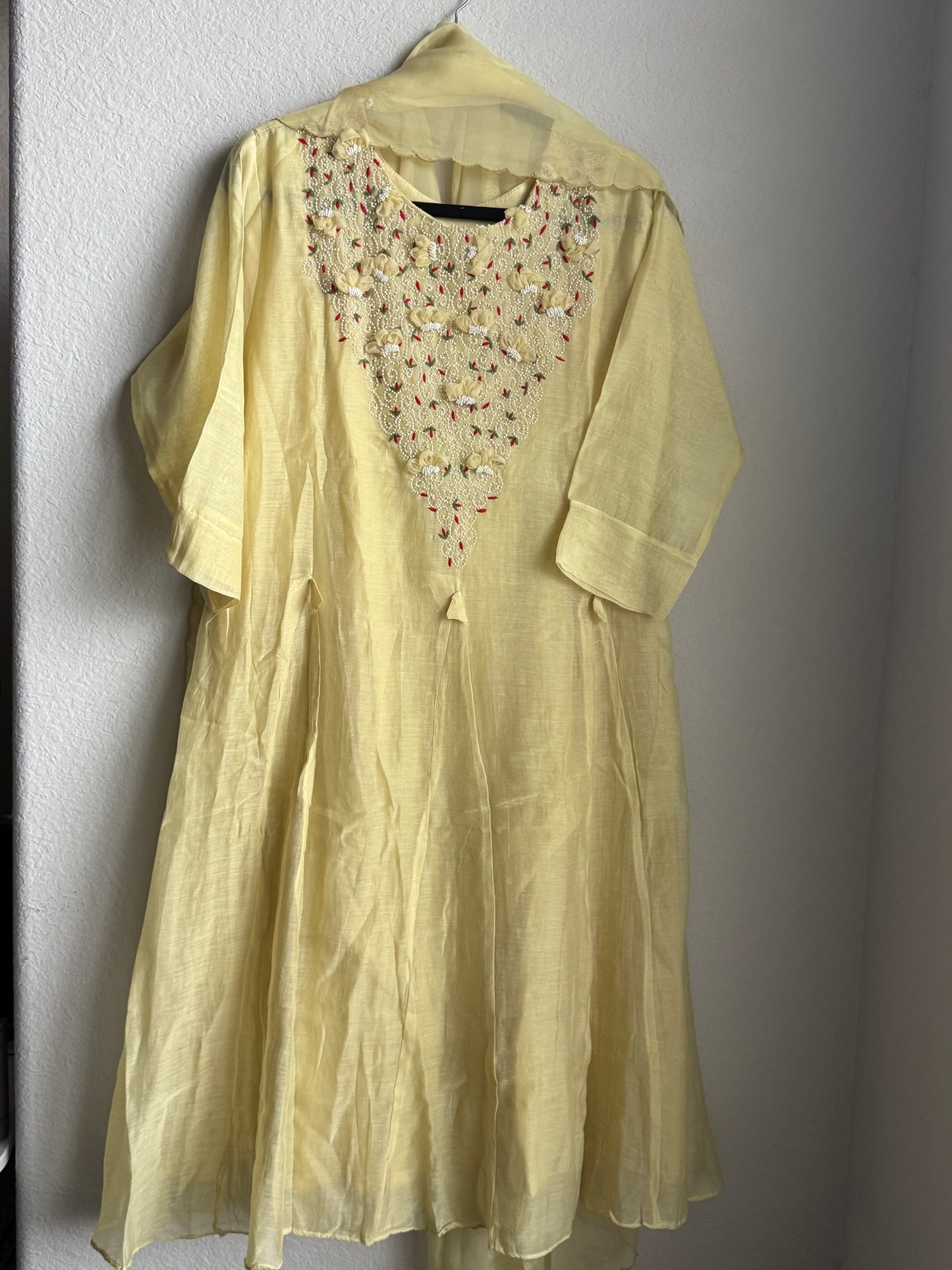 Pastel Yellow Mul Chanderi Kurti Set with Pearl Work and Organza Dupatta – Festive Indian Designer Suit