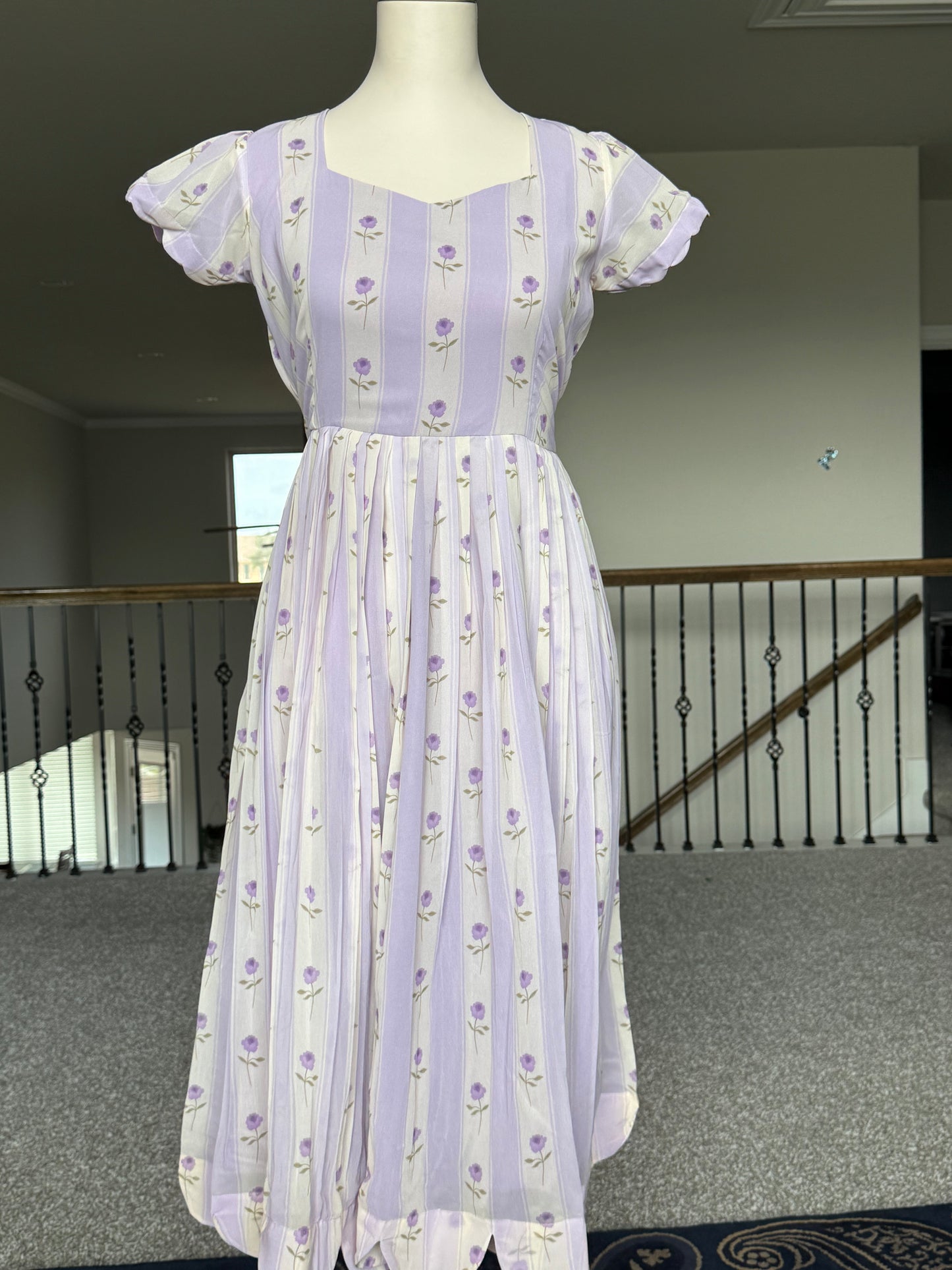 Lavendar Floral Georgette scallop style frock with short scallop sleeve