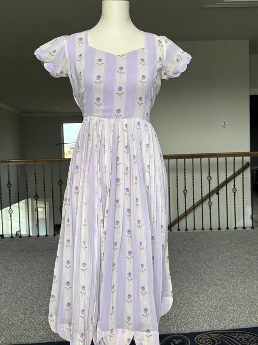 Lavendar Floral Georgette scallop style frock with short scallop sleeve