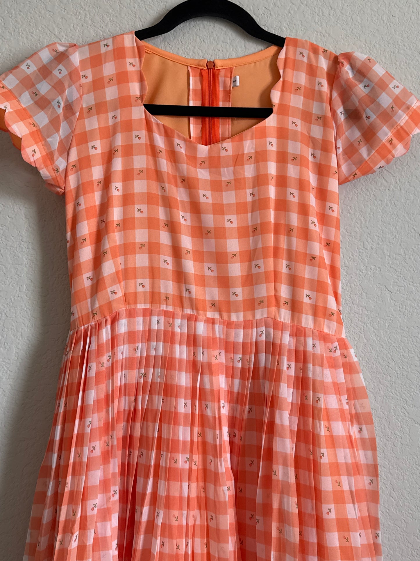 Orange Floral Checks Georgette scallop style frock with short scallop sleeve