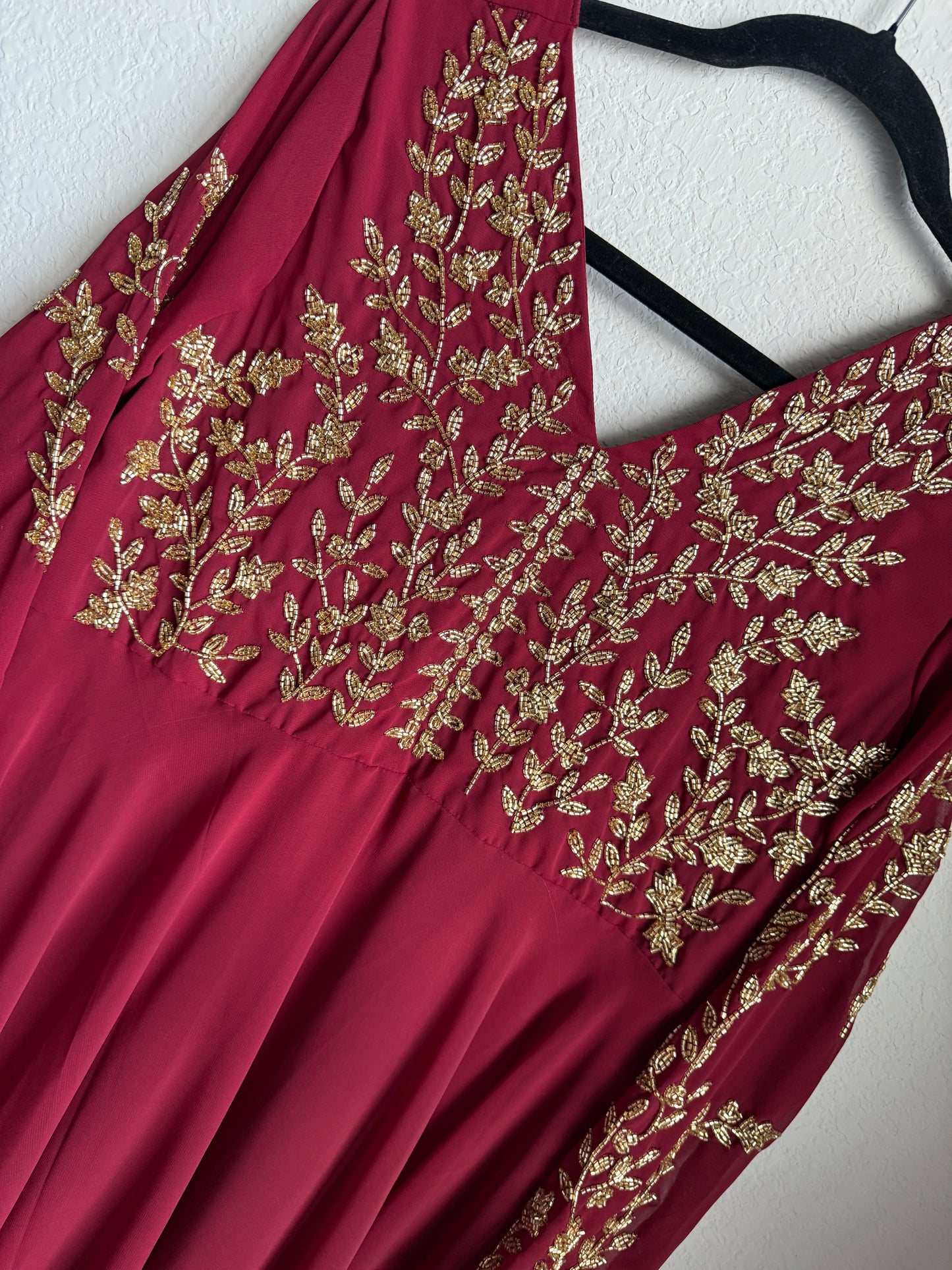 Maroon maggam work georgette heavy flare full sleeve anarkali tunic