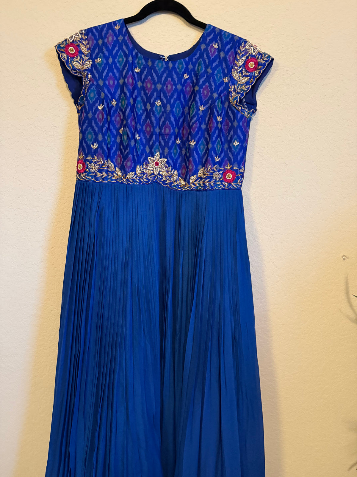 Blue Raw Silk Ikkath Maggam Work Designer Long Dress with Short Sleeve