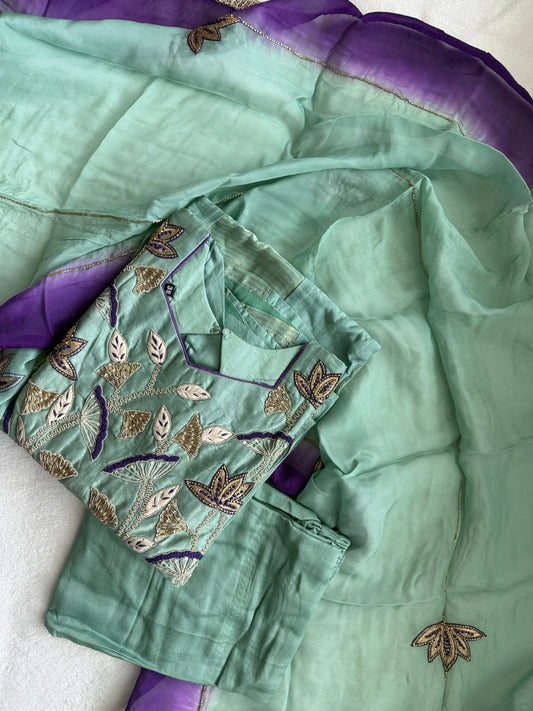 Mul chanderi dual shade aline kurti set with intricate handwork on the yolk and dupatta
