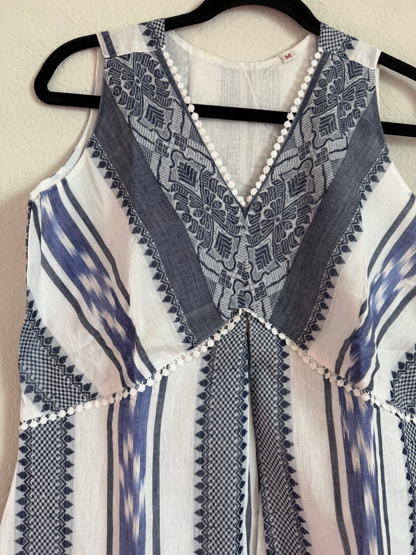 White and Blue Summer Cotton Ikkath Sleeveless Dress - Sleeves available inside