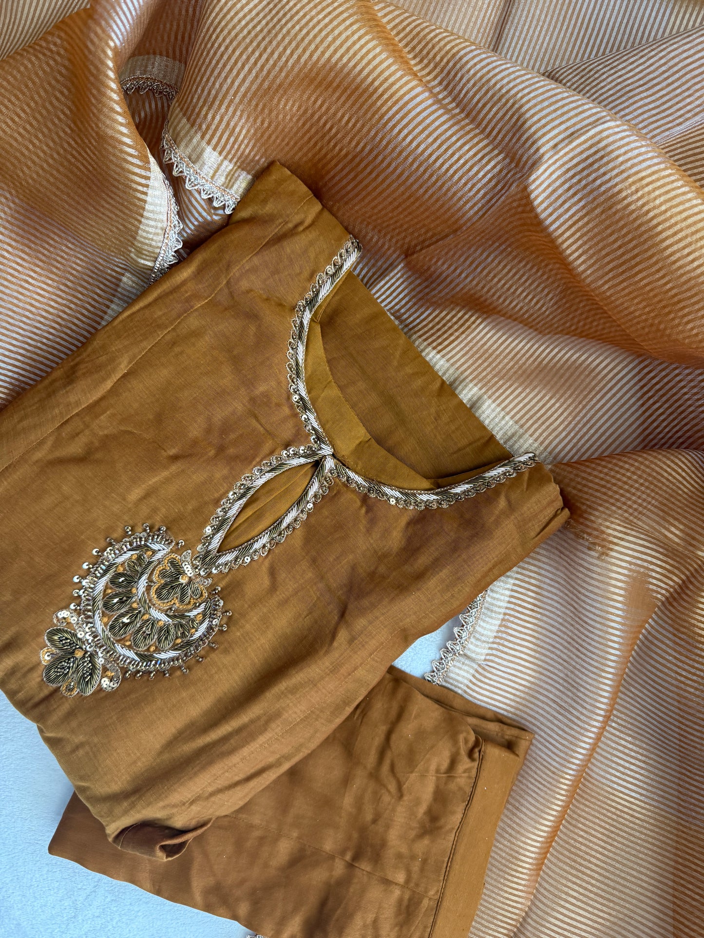 Coffee Brown Shade pure mul chanderi handwork suit set with tissue dupatta