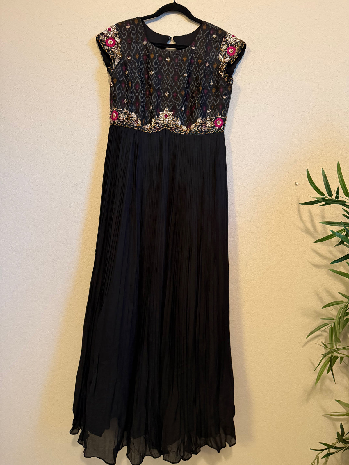 Black Raw Silk Ikkath Maggam Work Designer Long Dress with Short Sleeve