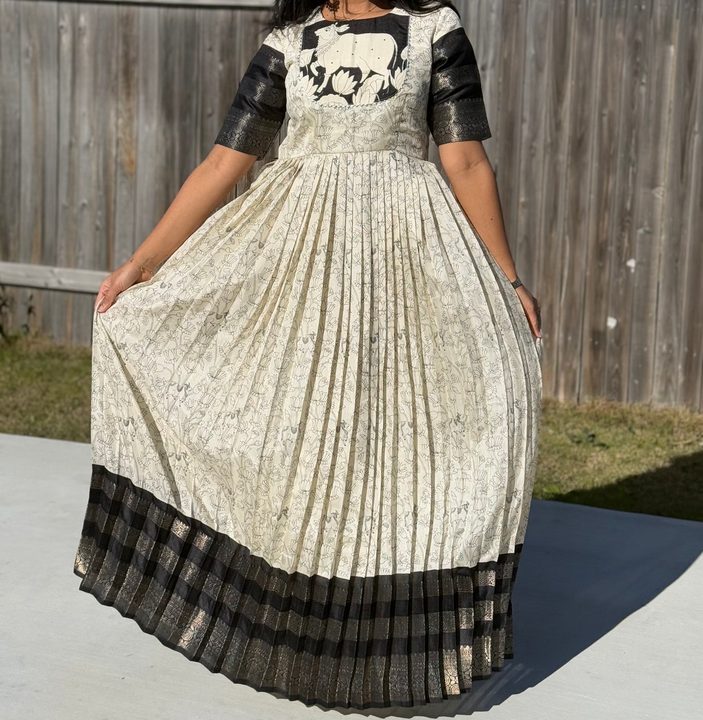 Black and white pichwai kalamkari pleated anarkali with net dupatta