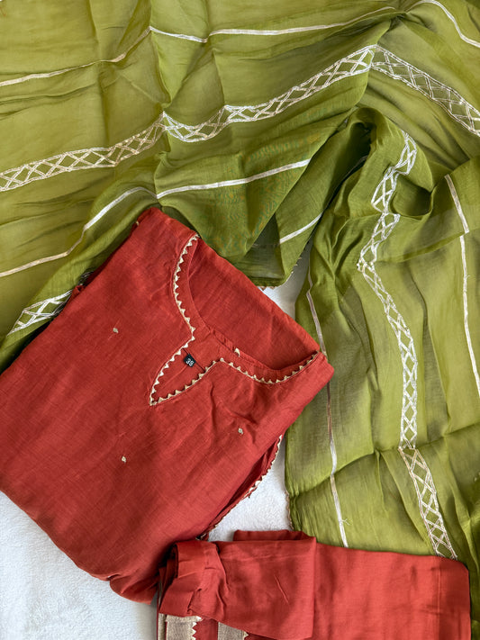 Rust orange mul chanderi kurti set with mehendi green dupatta